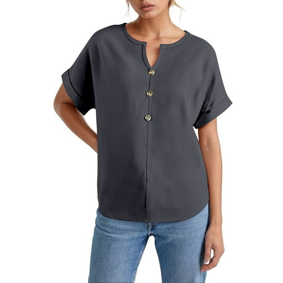 OSOLU Solid Color Women Buttoned V-Neck T-Shirt Short Sleeve Tee Tops Versatile Dailywear