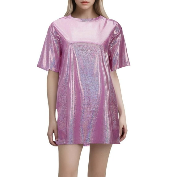 OSOLU Solid Color Women Casual Bright Silk Tops Flash Loose T-Shirt Short Sleeve Tee Tops Cute Dailywear