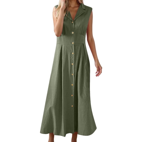 OSOLU Solid Color Women Casual Dress Elegant V-Neck Sleeveless Button Down Work Dress Spring Summer Fall Daily Wear Comfortable Stylish Birthday Sundress Dresses For Women 2025 Elegant Classy