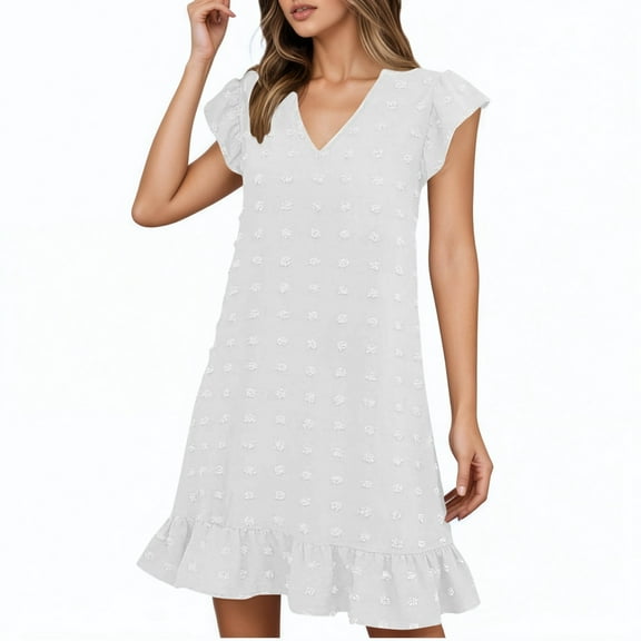 OSOLU Solid Color Women Casual Dress V-Neck Midi Dress With Cap Sleeve Ruffle Detail For Daily Wear Vacation Beach Spring Summer Dresses Birthday Sundress Dresses For Women 2025 Elegant Classy