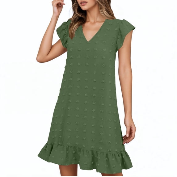 OSOLU Solid Color Women Casual Dress V-Neck Midi Dress With Cap Sleeve Ruffle Detail For Daily Wear Vacation Beach Spring Summer Dresses Holiday Hawaiian Flowy Sundress