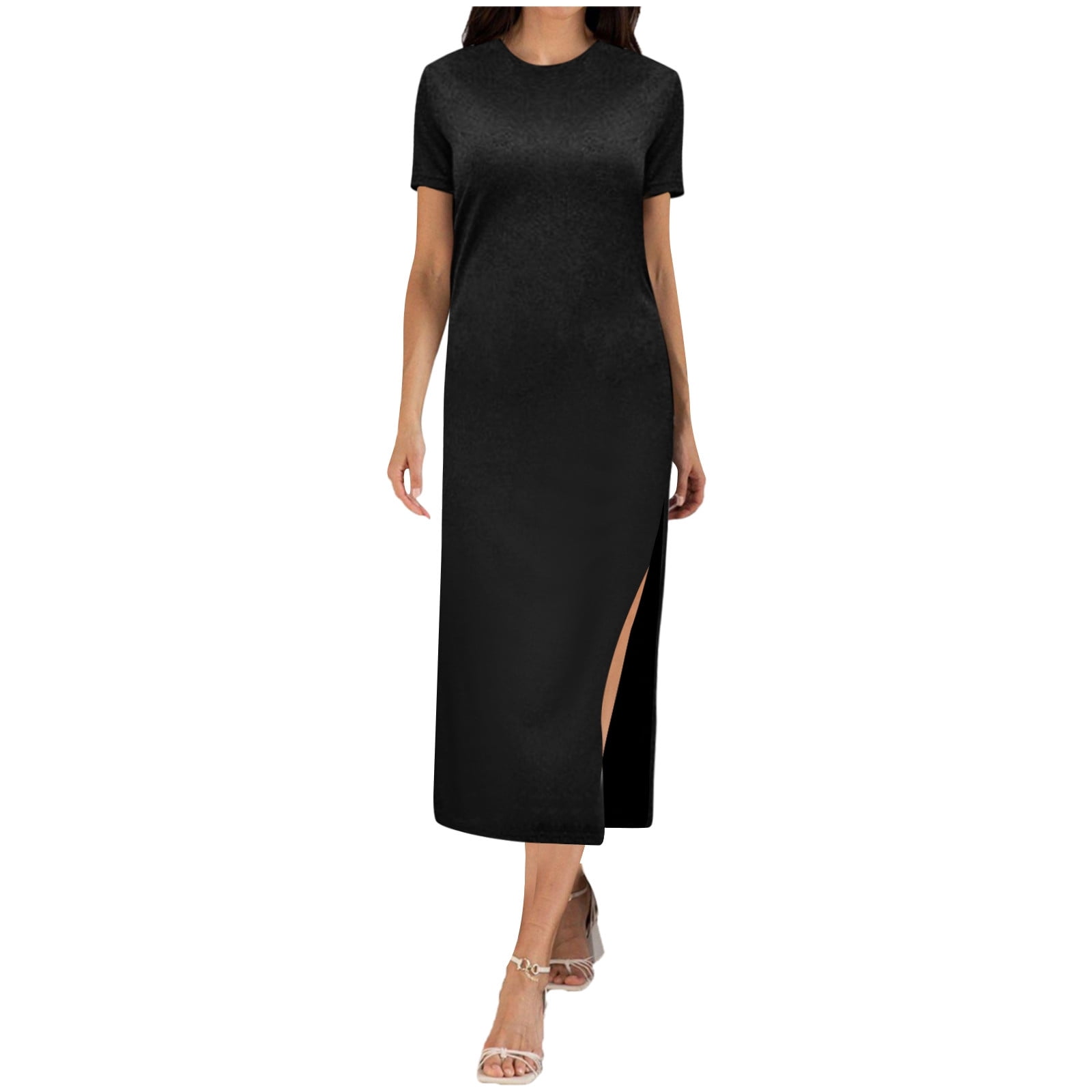 OSOLU Solid Color Women Casual Short Sleeve O-Neck Split Side Midi ...