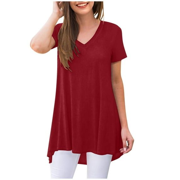 OSOLU Solid Color Women Casual Short Sleeve V-Neck T-Shirt Tshirts Tee Tops Trendy Dailywear