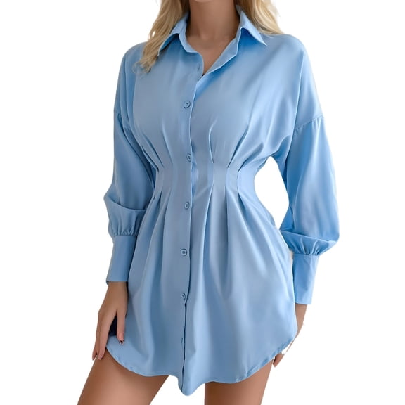 OSOLU Solid Color Women Casual Sleeve Waist Asymmetrical Dress Shirt Blouse Skirt Comfort Sundress Dresses For Women 2025 Elegant Classy