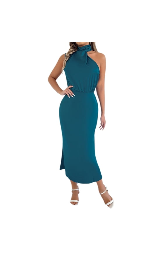 Solid Color Women Casual Sleeveless Dress High Neck Off Shoulder Elegant Party Daily Wear Spring Fall Versatile Dresses Cozy Sundress Wedding Guest Dress