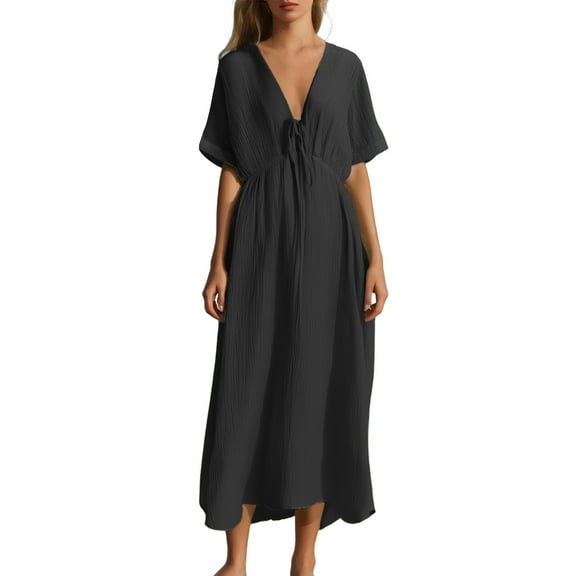 OSOLU Solid Color Women Casual Summer Dress V-Neck A-Line Midi Dress High Waist Short Sleeve Tie Waist Vacation Party Everyday Wear Soft Sundress Vacation 2025 Elegant Classy Dresses