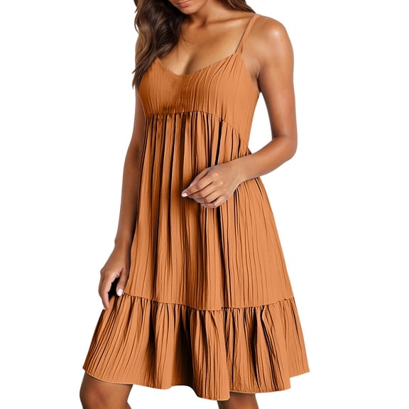 OSOLU Solid Color Women Casual Summer Dresses Ruffle Tiered Swing Flowy Sleeveless Spaghetti Strap V-Neck A-Line Midi Dress Stylish Sundress Dresses For Women 2025 Elegant Classy