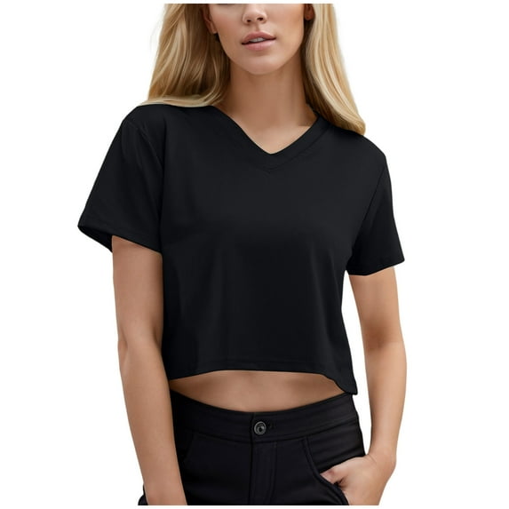 OSOLU Solid Color Women Casual V-Neck Short Sleeve Solid Color Basic Crop Tops T-Shirt Tshirts Tee Summer Tops Soft Dailywear