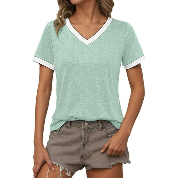 OSOLU Solid Color Women Casual V-Neck T-Shirt Short Sleeve Tshirts Tee Summer Fall Tops For Everyday Wear Basic Tee Versatile Tops Leisure Women Tops Dressy Casual