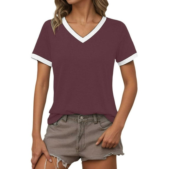 OSOLU Solid Color Women Casual V-Neck T-Shirt Short Sleeve Tshirts Tee Summer Fall Tops For Everyday Wear Basic Tee Versatile Tops Comfort Dailywear