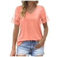 thumbnail image 1 of OSOLU Solid Color Women Casual V-Neck T-Shirt Tshirts Tee Lace Short Sleeve Curved Hem Tops Loose Fit Lovely Dailywear, 1 of 5