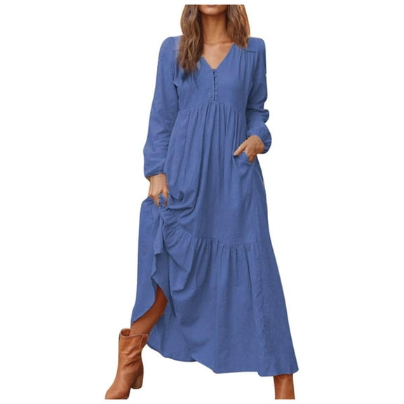 OSOLU Solid Color Women Cotton Linen Vintage Casual Long Sleeve Maxi Dress With Flared Skirt Color Options Fashionable Sundress Dresses For Women 2025 Elegant Classy