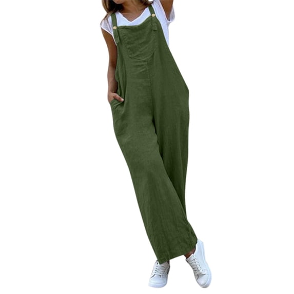 OSOLU Solid Color Women Cozy Sleeveless Dungarees Loose Long Jumpsuit Pants Trousers Overalls Fashionable Classic Leisure Bottoms