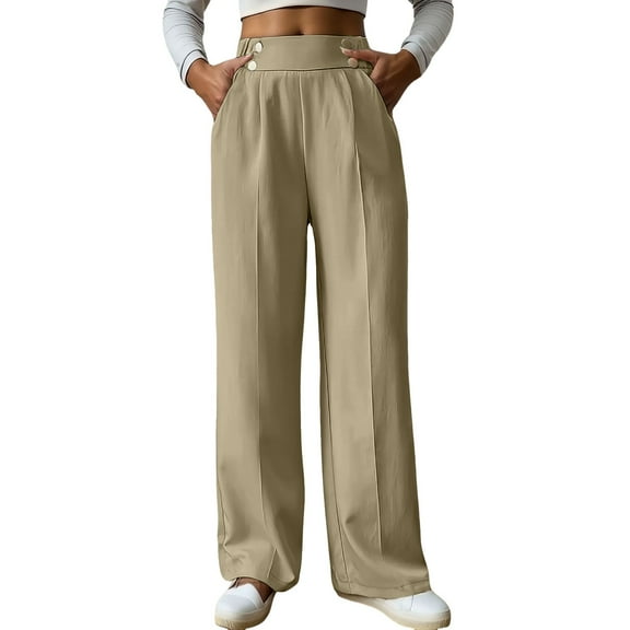 OSOLU Solid Color Women Cozy Straight Leg Pants With Side Button Design Elastic Waist For Comfortable Daily Wear Trousers Everyday Comfort Versatile Bottoms