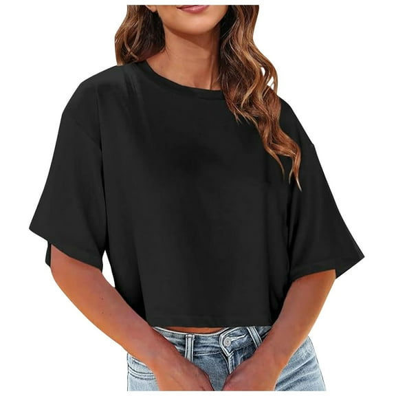 OSOLU Solid Color Women Crew Neck Cropped T-Shirt Tee Tops Short Sleeve Loose Shoulder Crop Tee Tops Leisure Women Tops Dressy Casual