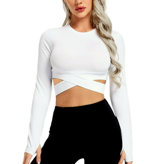 OSOLU Solid Color Women Crop Tops Tummy Long Sleeve Yoga Running Shirts Gym Workout Tank Tops Leisure Dailywear