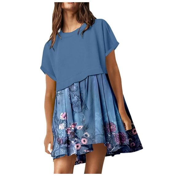 OSOLU Solid Color Women Cute Pleated Dresses Patchwork Casual Short Sleeve Loose Oversized Mini Dress