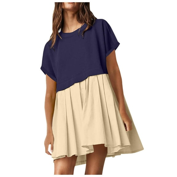 OSOLU Solid Color Women Cute Pleated Dresses Patchwork Casual Short Sleeve Loose Oversized Mini Dress