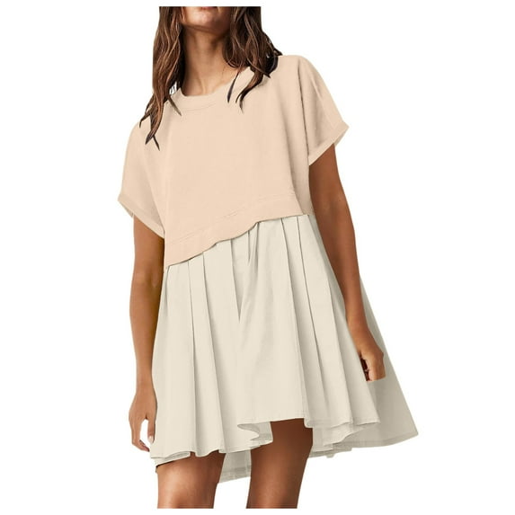 OSOLU Solid Color Women Cute Pleated Dresses Patchwork Casual Short Sleeve Loose Oversized Mini Dress