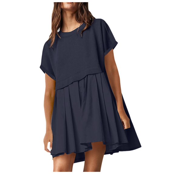 OSOLU Solid Color Women Cute Pleated Dresses Patchwork Casual Short Sleeve Loose Oversized Mini Dress