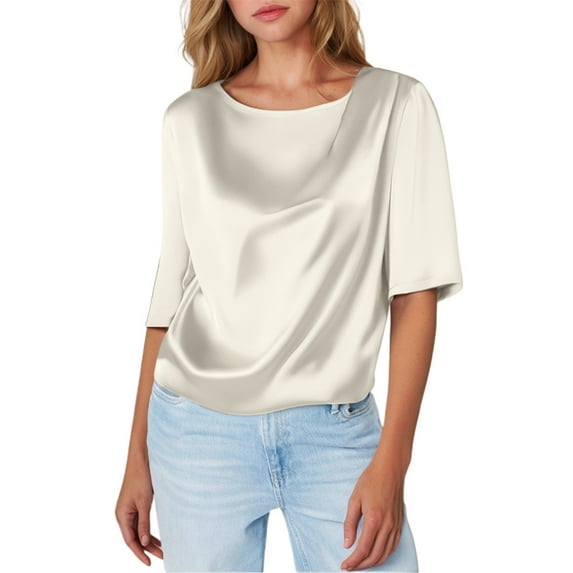OSOLU Solid Color Women Design Satin T-Shirt Short Sleeve Tshirts Tee Silk Half Sleeved Shirt With Inner Tops Stylish Dailywear