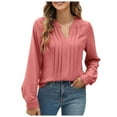 thumbnail image 1 of OSOLU Solid Color Women Dressy Casual Blouses Business Work Tops Long Sleeve V-Neck Pleated Shirts 2025 Fall Dresses, 1 of 8