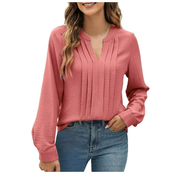 OSOLU Solid Color Women Dressy Casual Blouses Business Work Tops Long Sleeve V-Neck Pleated Shirts 2025 Fall Dresses