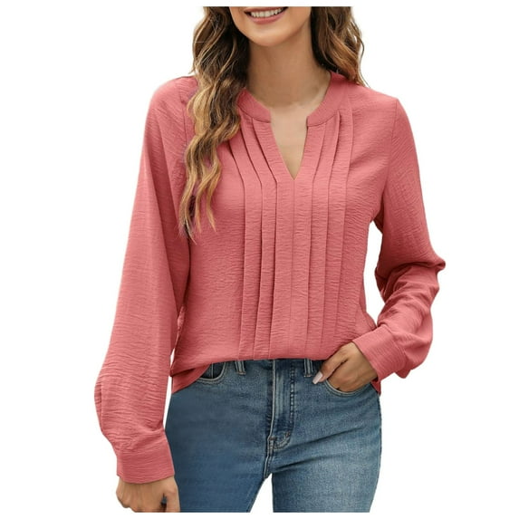 OSOLU Solid Color Women Dressy Casual Blouses Business Work Tops Long Sleeve V-Neck Pleated Shirts 2025 Fall Dresses