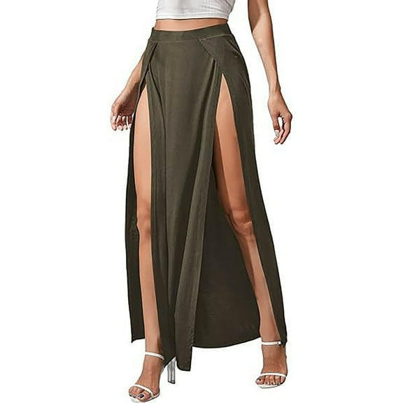 OSOLU Solid Color Women Elastic Waist High Split Wrap Flowy Long Maxi Skirt Leisure Skirts