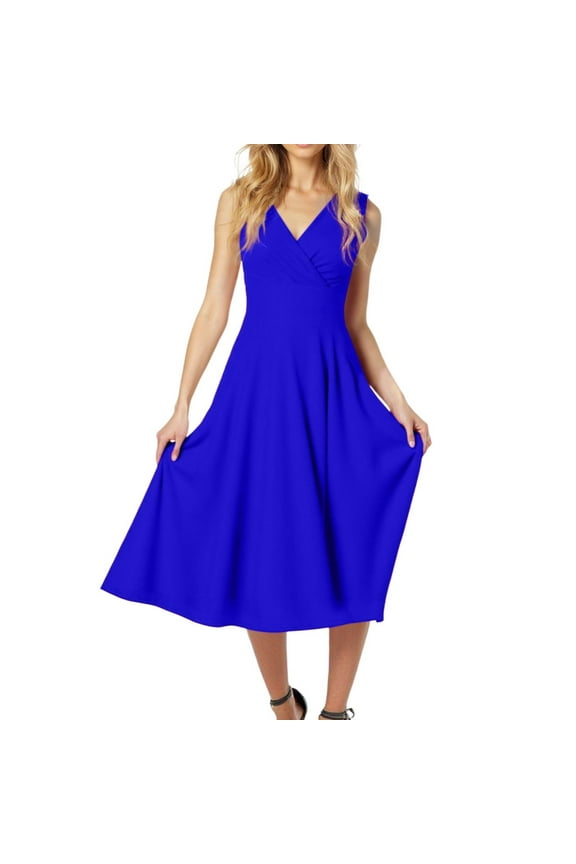 Solid Color Women Elegant V-Neck Sleeveless Midi Dress Elegant Plain Dresses Party Dress Classic Sundress Flowy Vacation Dress