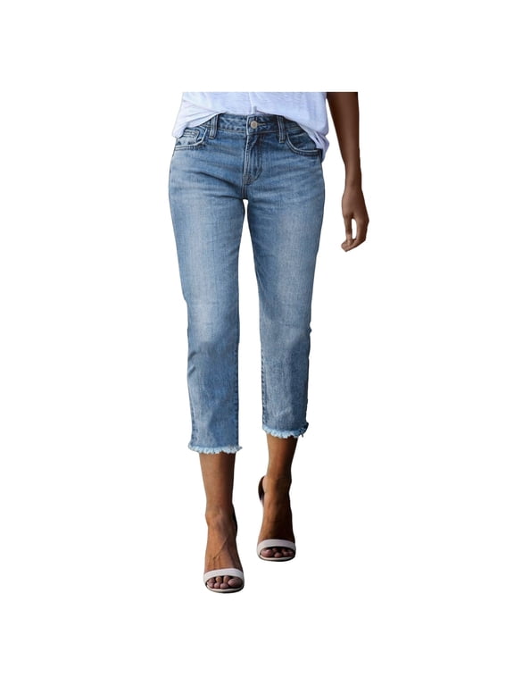 Solid Color Women Fashion Capri Jeans Stretchy Distressed Hem Washed Straight Leg Denim Pants Trousers Daily Relaxed Fit Breathable Bottoms
