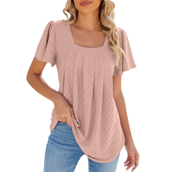 OSOLU Solid Color Women Fashion Casual Tops Square Neck T-Shirt Tee Tops Summer Short Sleeve Casual Loose Tops Soft Dailywear