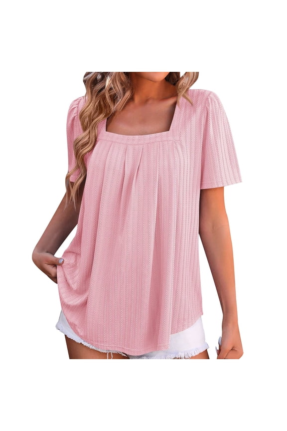 Solid Color Women Fashion Casual Tops Square Neck T-Shirt Tee Tops Summer Sleeve Casual Loose T-Shirt Tee Tops Classic Women Tops Dressy Casual