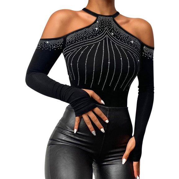 OSOLU Solid Color Women Fashion Shirt Rhinestone Long Sleeve Slim Cold Shoulder HalterneckBlouse Tops Stylish Dailywear