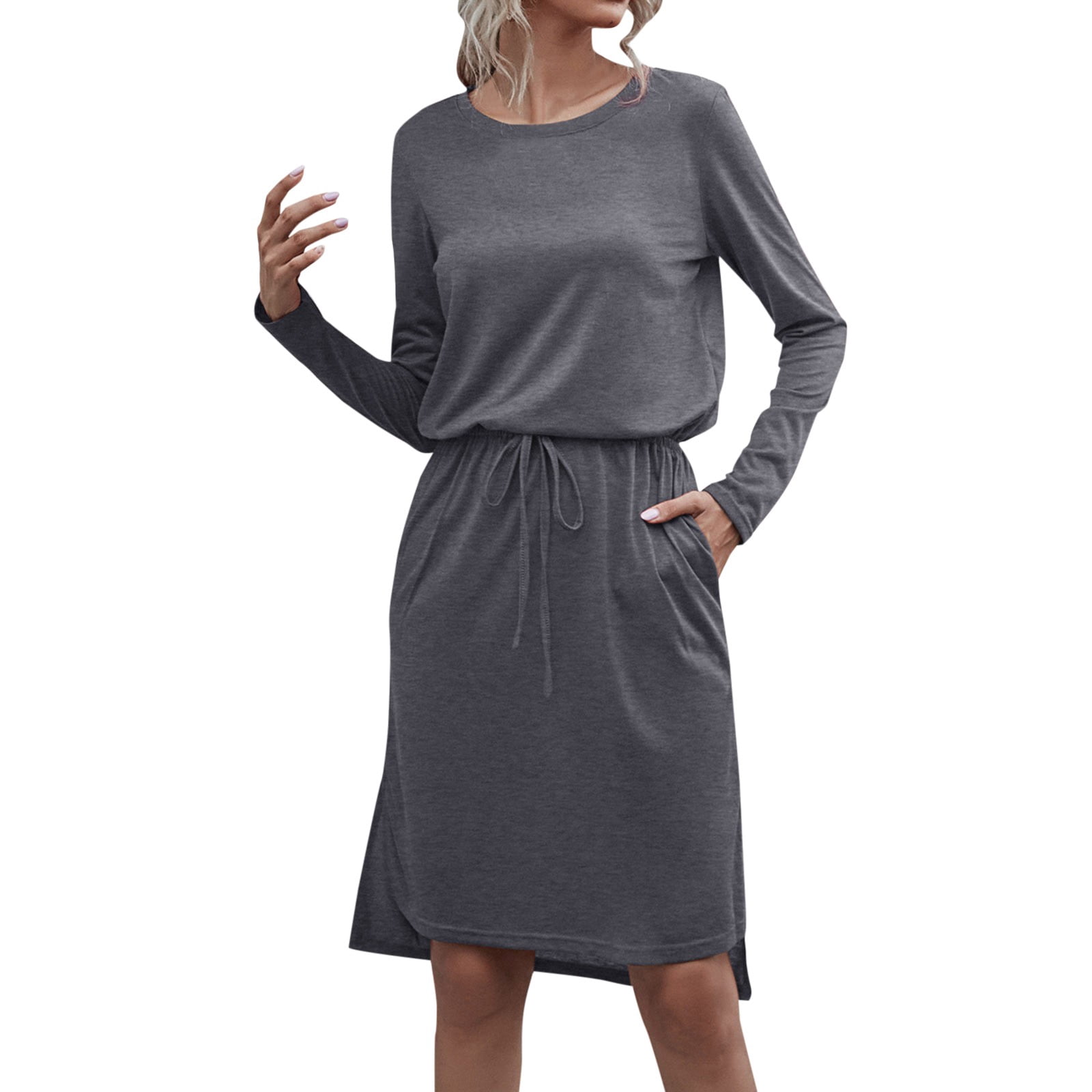 Work Sundresses OSOLU Solid Color Women Hide Belly Work Casual Midi Dresses With ...