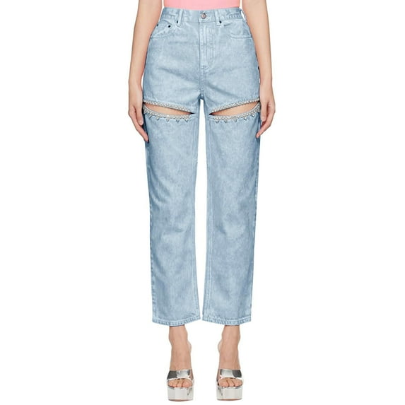 OSOLU Solid Color Women High Waist Denim Jeans Rhinestone Trim Bling Jeans Plus Size Denim Pants Trousers Fashionable Classic Leisure Bottoms