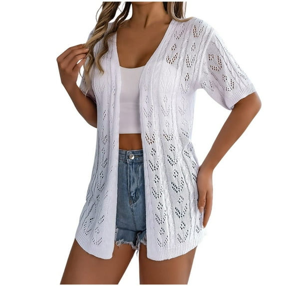 OSOLU Solid Color Women Hollowed Out Short Sleeve Knitted Cardigan Vacation Sun Shirt Birthday Dailywear