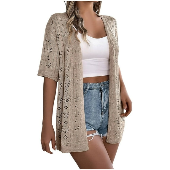 OSOLU Solid Color Women Hollowed Out Short Sleeve Knitted Cardigan Vacation Sun Shirt Lovely Dailywear