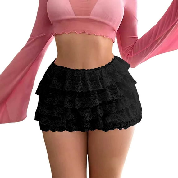 OSOLU Solid Color Women Lace Mini Skirt Low Rise Micro Skirt Asymmetrical Ruffle Hem Flared Lingerie Short Skirts Daily Relaxed Fit Breathable Bottoms