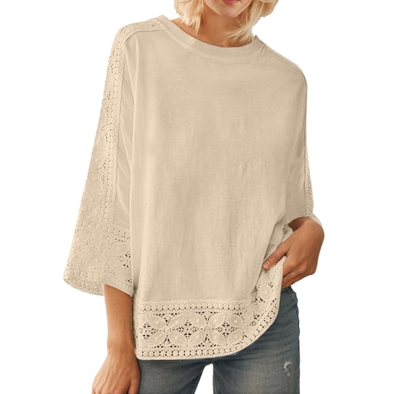 OSOLU Solid Color Women Lace T-Shirt Short Sleeve O-Neck Tshirts Tee Casual Outdoor Comfortable Blouse Tops For Spring Summer Fall Leisure Dailywear