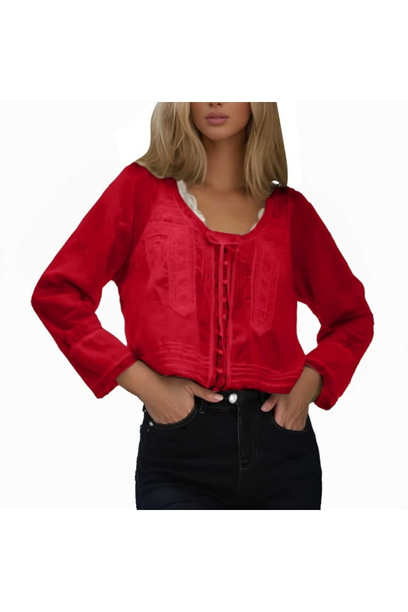 Solid Color Women Lace Tie Front Tops Long Sleeve Button Up Chiffon Cardigan Flowy Boho Peplum Shirt Going Out Tops Classic Women Tops Dressy Casual
