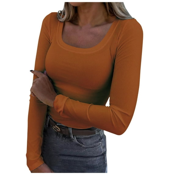 OSOLU Solid Color Women Long Sleeve Shirts Square Neck Slim Fit Basic Tops Casual Ribbed Thermal Undershirts Tee Birthday Dailywear