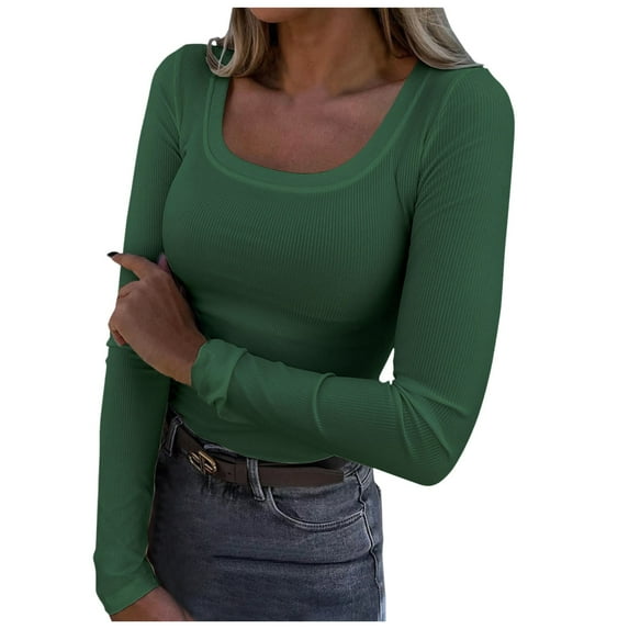 OSOLU Solid Color Women Long Sleeve Shirts Square Neck Slim Fit Basic Tops Casual Ribbed Thermal Undershirts Tee Cozy Dailywear