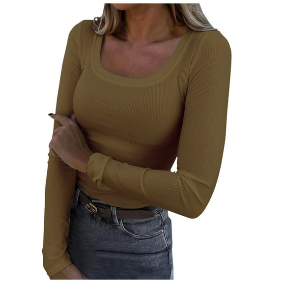 OSOLU Solid Color Women Long Sleeve Shirts Square Neck Slim Fit Basic Tops Casual Ribbed Thermal Undershirts Tee Cute Dailywear