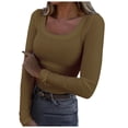 thumbnail image 1 of OSOLU Solid Color Women Long Sleeve Shirts Square Neck Slim Fit Basic Tops Casual Ribbed Thermal Undershirts Tee Trendy Dailywear, 1 of 5