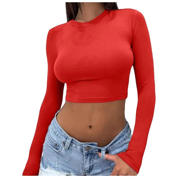 OSOLU Solid Color Women Long Sleeve Slim Fit Crew Neck Long Sleeve T-Shirt Tshirts Tee Tops Plain Basic Crop Tops Casual Clothes Streetwear Clean Girl Clothes Classic Women Tops Dressy Casual