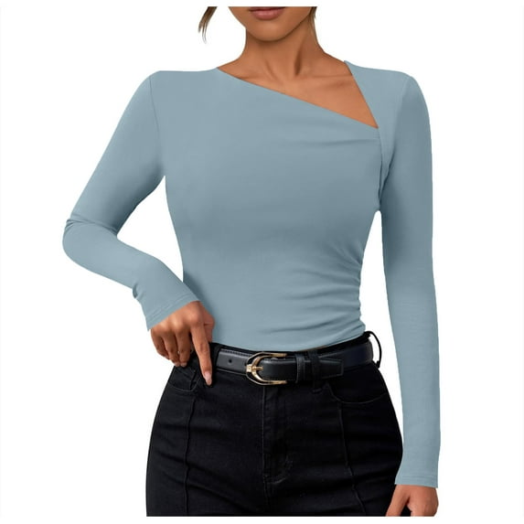 OSOLU Solid Color Women Long Sleeve Slim Knit Tops With Asymmetrical Neckline Shirts Cozy Dailywear
