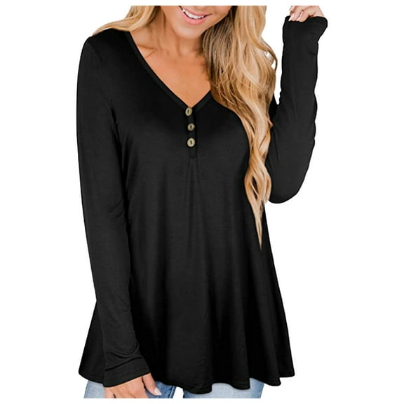 OSOLU Solid Color Women Long Sleeve V-neck T-Shirt Tee Tops Fall Cotton Plus Size Tunic Tops Clause Blouse Holiday Dailywear