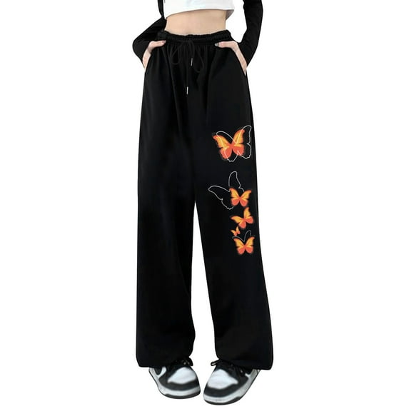OSOLU Solid Color Women Loose Fit Elastic Drawstring Joggers Pants Workout Butterfly Print Baggy Trousers Running Yoga Gym Plus Sport Harem Pants Sweatpants With Pockets Classic Leisure Bottoms