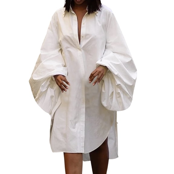 OSOLU Solid Color Women Loose Short Skirt Long Sleeve Shirt Slit Dress Fashionable Sundress Dresses For Women 2025 Elegant Classy